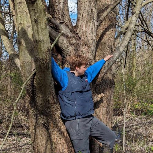  The gratitude tree. A person with short hair leans in against a large tree with multiple trunks in a forest. He is wearing a black and blue jacket and grey pants. Branches and early spring foliage surround him, and the sky above is clear with patches of blue.