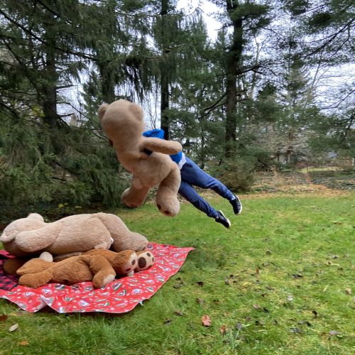 A young boy is midair, playfully diving onto a pile of large teddy bears on a red blanket in a grassy area surrounded by trees. The scene takes place outdoors.