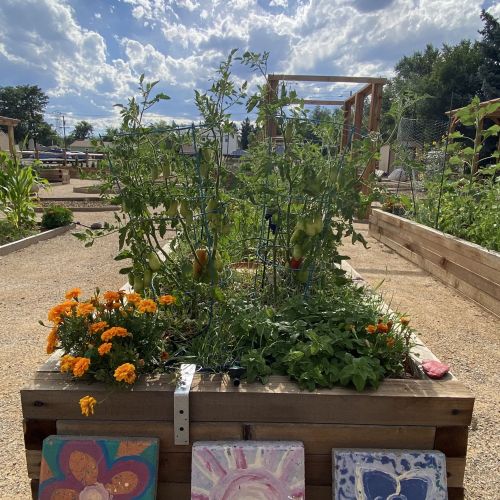 A raised garden bed made of wood located inside a community garden, with a blue sky in the background. Painted flower tiles decorate the base of the bed.