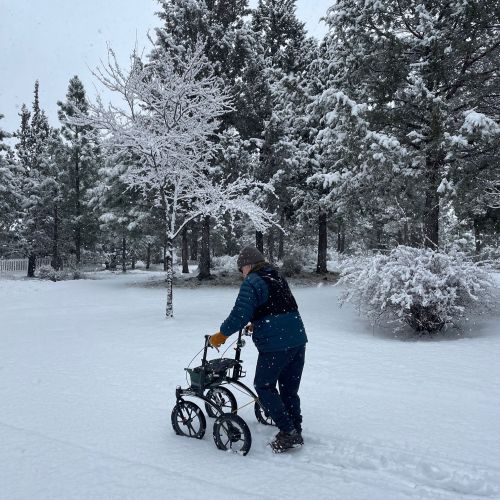 A person dressed for cold weather uses a Veloped off-road walker in the snow, in front of snow-covered trees. This therapeutic experience allows the person to work on walking endurance in a natural environment.