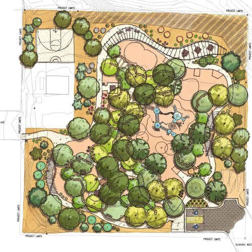 Rendered plan - A colorized drawing of the Ed Baris Park plan. The design features winding paths and play nodes that encourage exploration and discovery