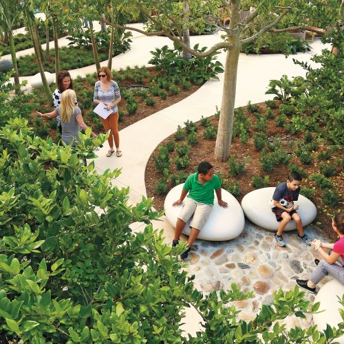 Seen from above, two children sit on large smooth rocks nestled in the greenery, talking to a seated adult. In the background, three more adults stand and are talking.