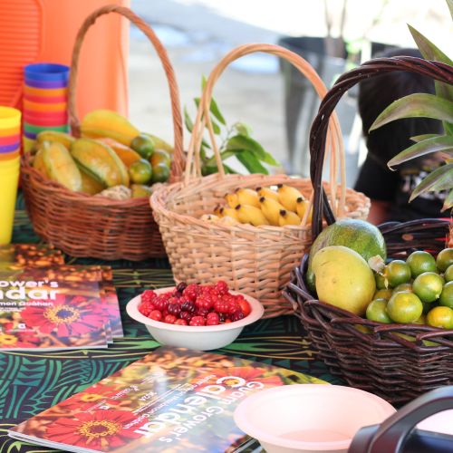 A table is laid with three baskets of vibrant, colorful fruit, including bananas, pineapple, dragon fruit, and star fruit. Beside them are stacks of colored cups and plates, and the Guam Grower’s Calendar.