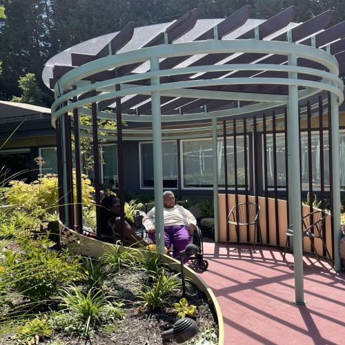 A woman in a wheelchair sits beneath a steel-and-wood pavilion, designed to invite small groups to gather for quiet contemplation. A raised planter wall stands to her right, and a gentle curved path to her left. Behind her are resident building windows, which provide views into the garden.