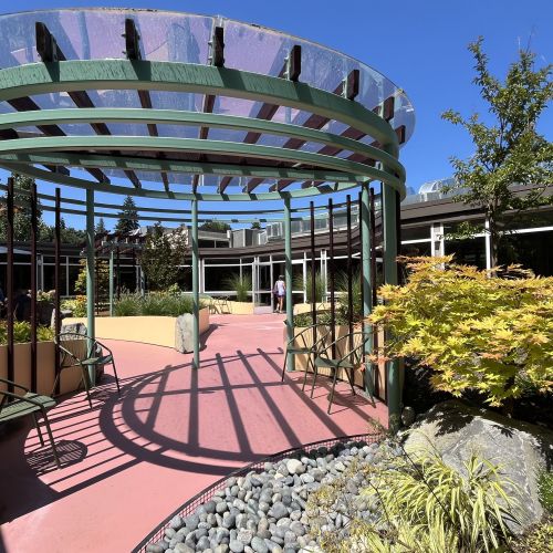 Lush, verdant plantings surround a tall pavilion; a cloudless, blue sky hangs overhead. The different plant types garner interest from residents all year and invite visitors deeper into the garden.