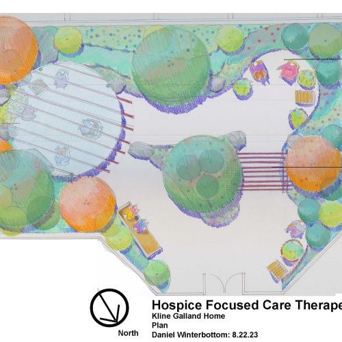 A site plan of the garden establishment; its main features include the large pavilion and various seating areas. The overall design prioritizes wide, open spaces, which encourages residents to venture out and enjoy the openness.