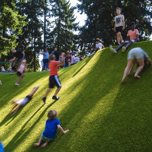 A crowded hill, full of playing children of all ages, blurred as the image captures them in motion. In the background, tall trees provide some shade from the sun.