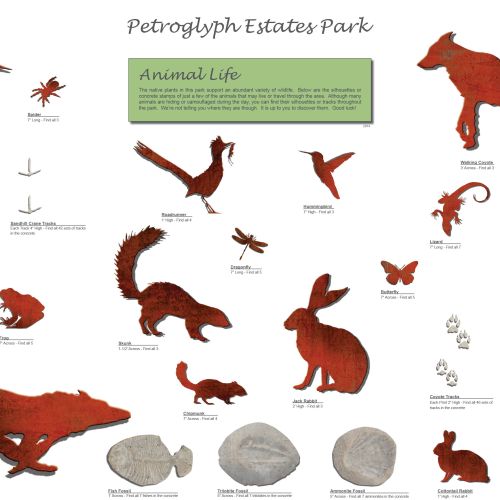 A sign with words and drawings that identity the animals found in the park.