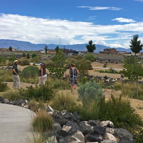 As the park has no rules about remaining on the concrete paths, three adults wander off a concrete path to explore and enjoy the park’s open space.