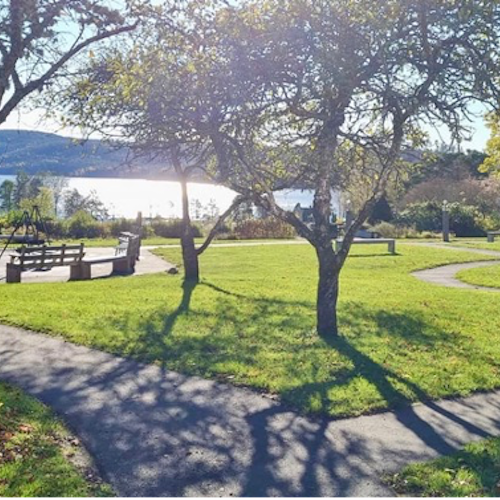 Gently curving paved paths, set amongst green grass and shade trees, are flat and level throughout the garden. Benches are placed around the garden, with water and hills visible in the distance.