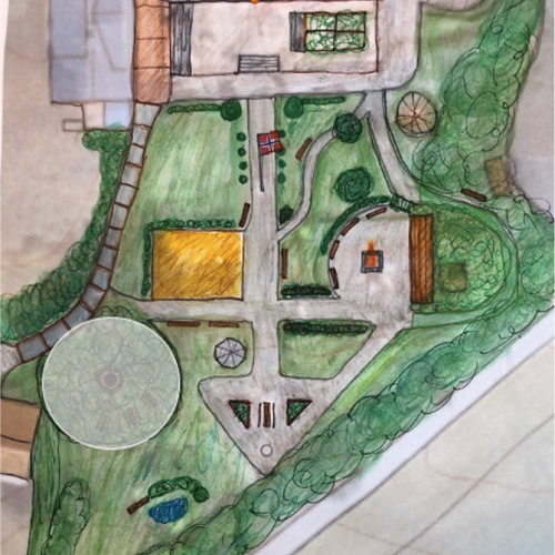 A coloured sketch of the Unicare Bakke Hospital Rehabilitation Garden, including paths, shelter, gardens, and gathering spaces. The garden is designed with level, curved and straight paths, benches, and plantings, with a circular feature in the bottom left corner and a building indicated at the top.