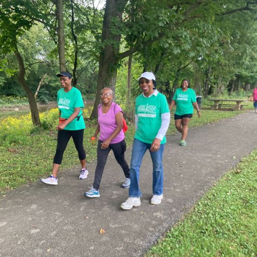 Multiple people are walking in small groups along a tree-lined path, many are wearing blue Walk with a Doc t-shirts, and all are smiling.