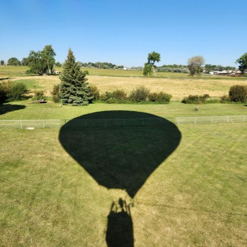 Aerial view of the shadow of a hot air balloon over a hay field. Beyond, the sky is bright blue and cloudless.