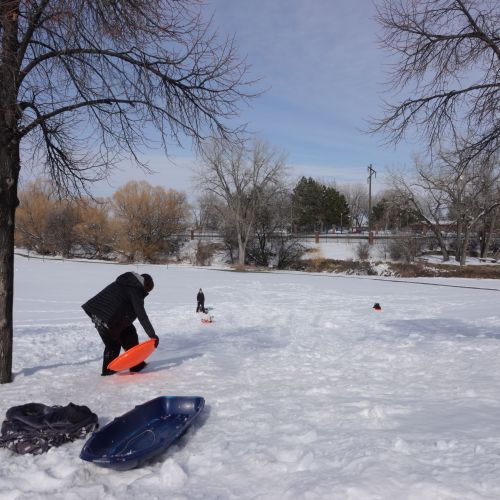 On an expanse of snow, three people are sledding down a gentle slope. In the background, there are bare trees under a cloudy sky. An empty sled sits in the foreground.