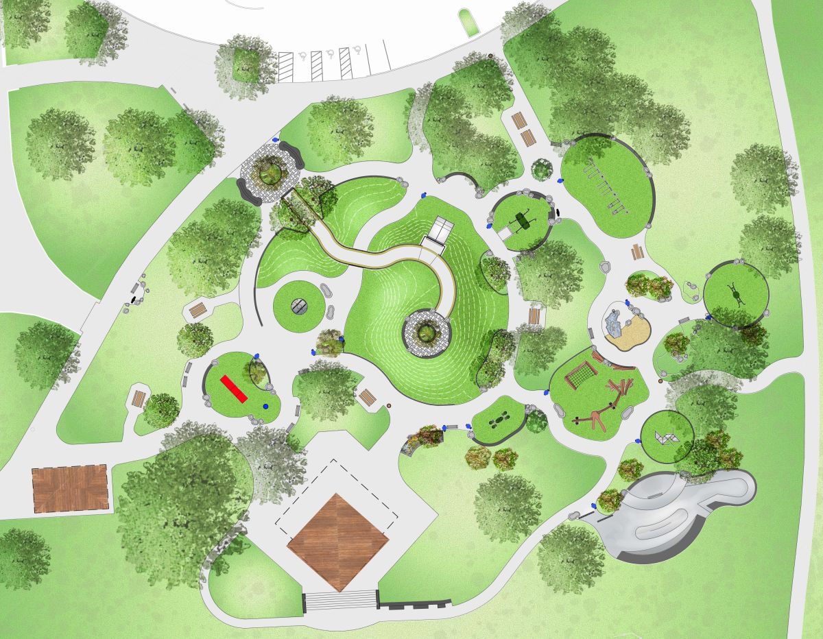 The CHAMPS site plan provides an overhead bird’s eye view of the park, complete with trees, green areas and amenities, and the playground layout.